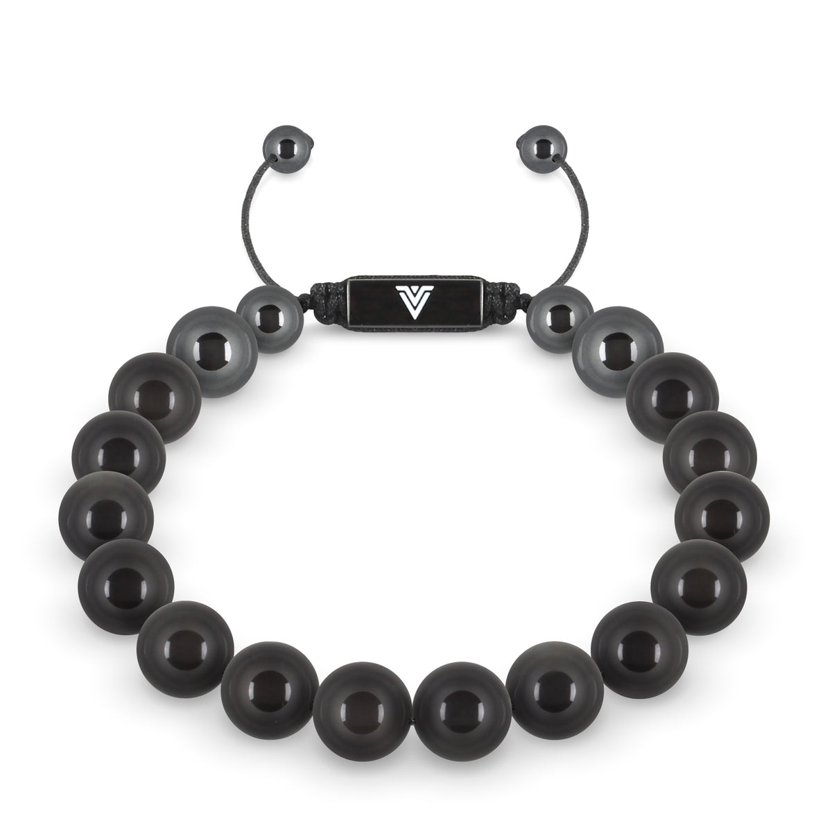 Front view of a 10mm Black Obsidian crystal beaded shamballa bracelet with black stainless steel logo bead made by Voltlin