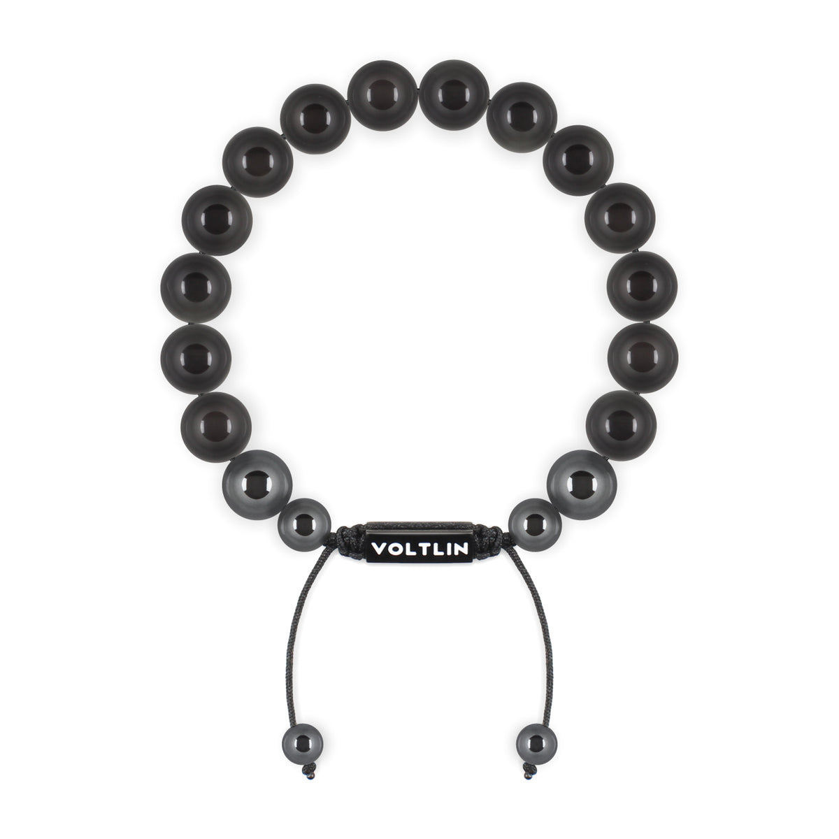Top view of a 10mm Black Obsidian crystal beaded shamballa bracelet with black stainless steel logo bead made by Voltlin