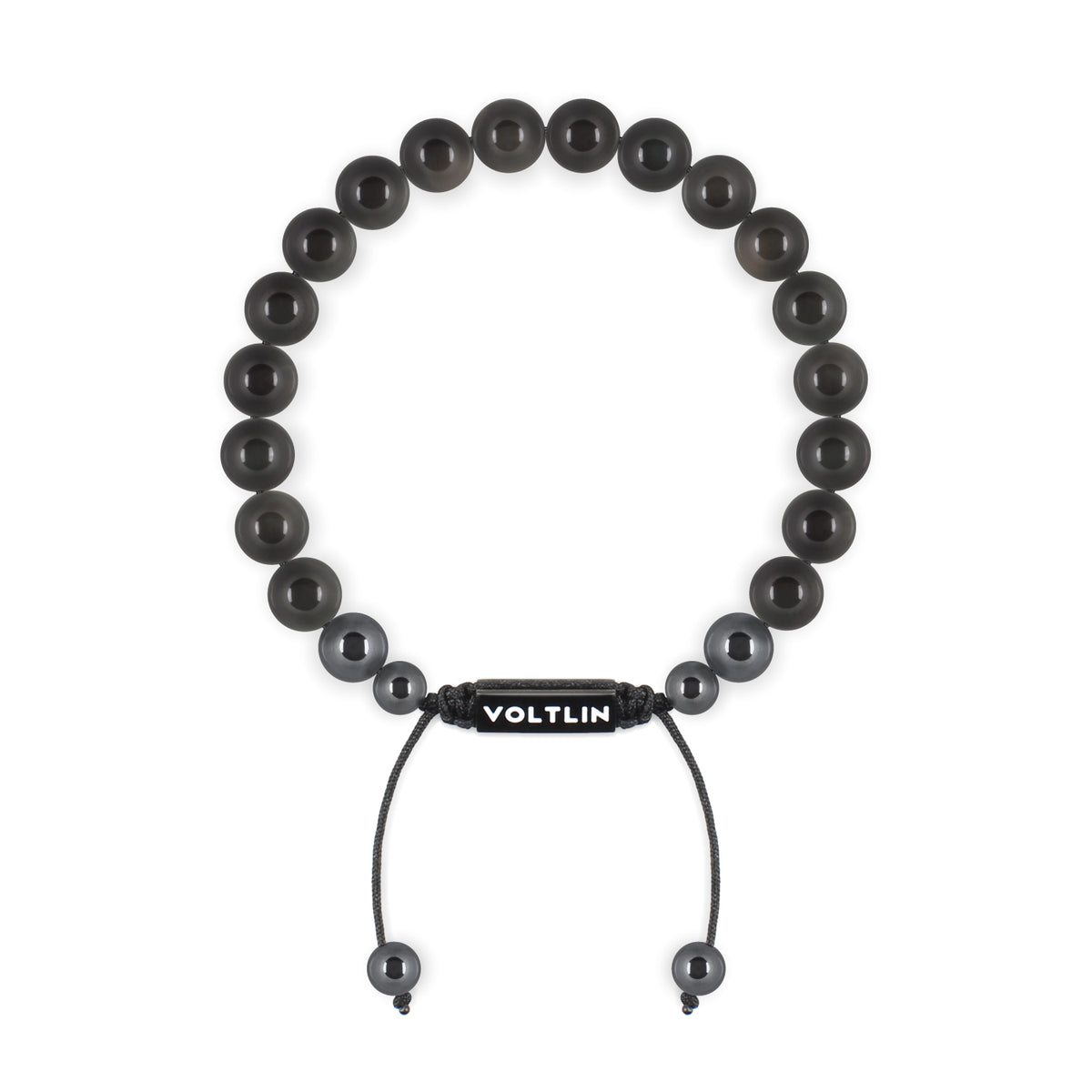 Top view of an 8mm Black Obsidian crystal beaded shamballa bracelet with black stainless steel logo bead made by Voltlin