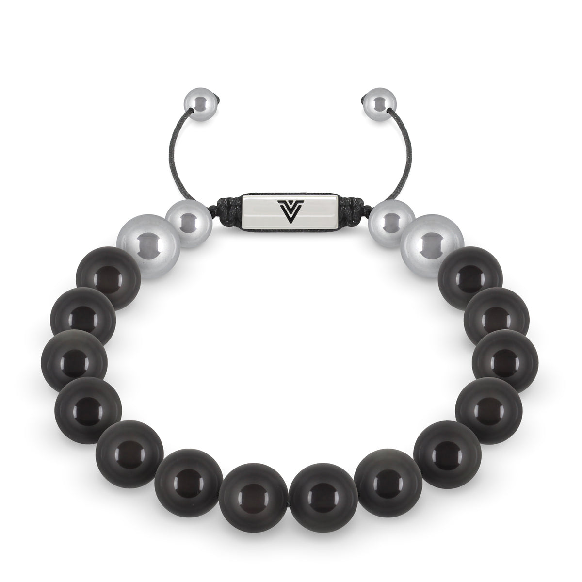 Front view of a 10mm Black Obsidian beaded shamballa bracelet with silver stainless steel logo bead made by Voltlin