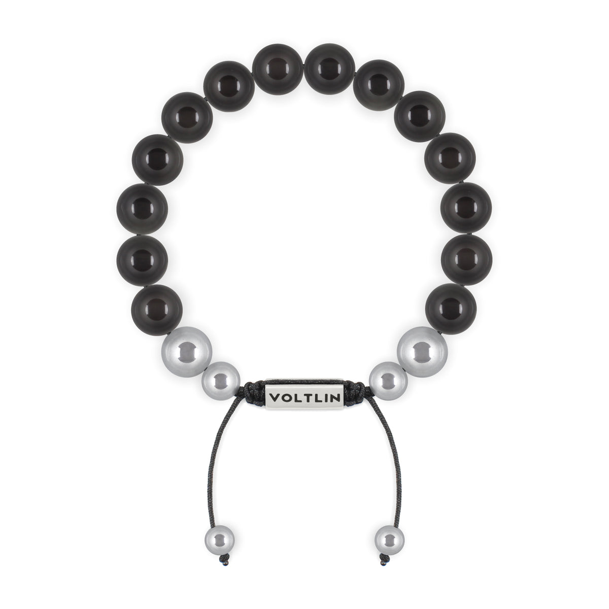 Top view of a 10mm Black Obsidian beaded shamballa bracelet with silver stainless steel logo bead made by Voltlin