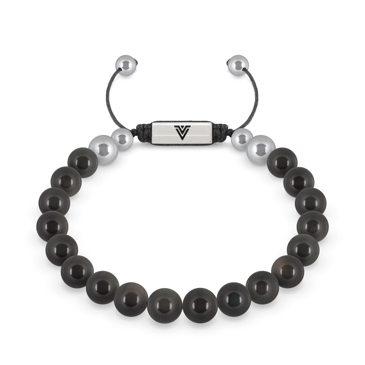 Front view of an 8mm Black Obsidian beaded shamballa bracelet with silver stainless steel logo bead made by Voltlin