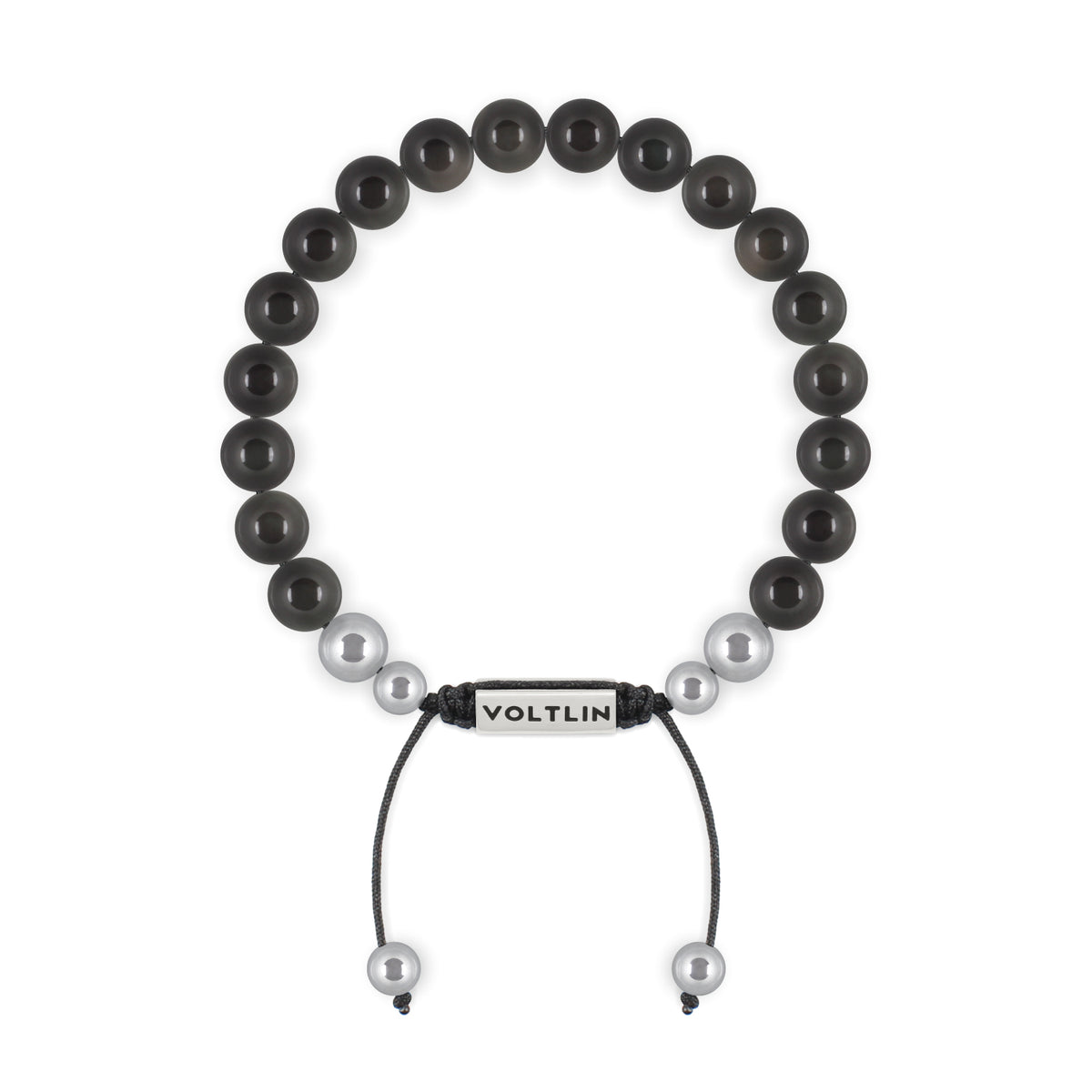 Top view of an 8mm Black Obsidian beaded shamballa bracelet with silver stainless steel logo bead made by Voltlin