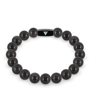Front view of a 10mm Black Obsidian crystal beaded stretch bracelet with black stainless steel logo bead made by Voltlin