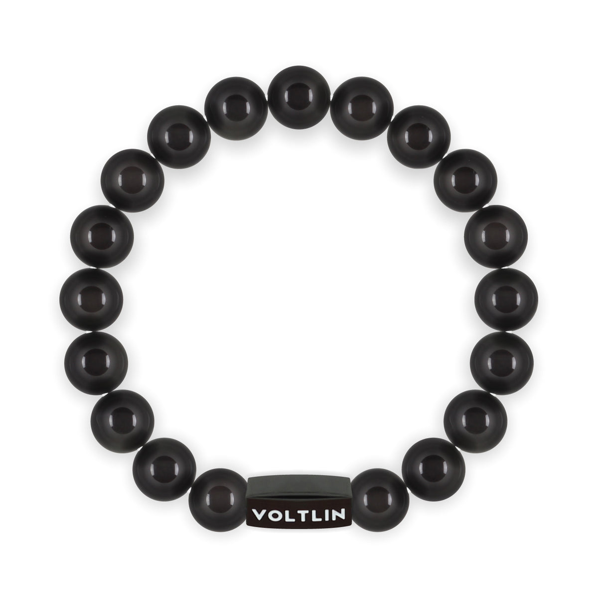 Top view of a 10mm Black Obsidian crystal beaded stretch bracelet with black stainless steel logo bead made by Voltlin