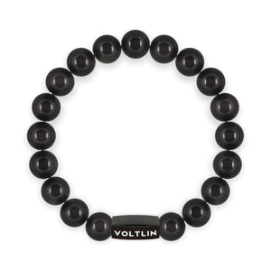 Top view of a 10mm Black Obsidian crystal beaded stretch bracelet with black stainless steel logo bead made by Voltlin