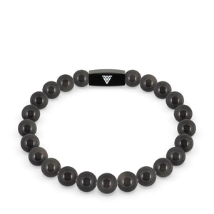 Front view of an 8mm Black Obsidian crystal beaded stretch bracelet with black stainless steel logo bead made by Voltlin
