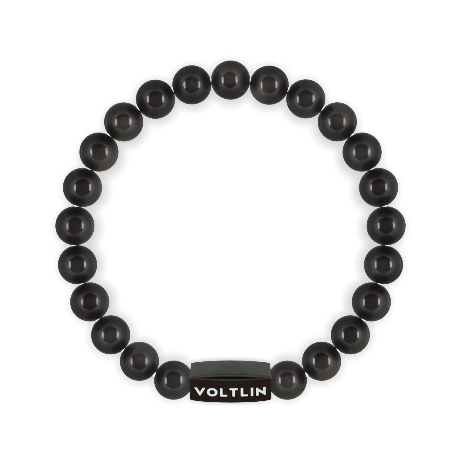 Front view of an 8mm Black Obsidian crystal beaded stretch bracelet with black stainless steel logo bead made by Voltlin