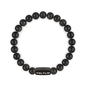 Top view of an 8mm Black Obsidian crystal beaded stretch bracelet with black stainless steel logo bead made by Voltlin