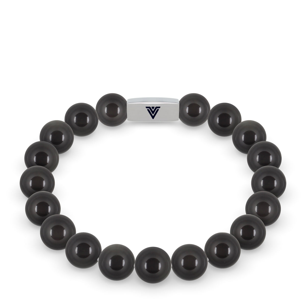 Front view of a 10mm Black Obsidian beaded stretch bracelet with silver stainless steel logo bead made by Voltlin