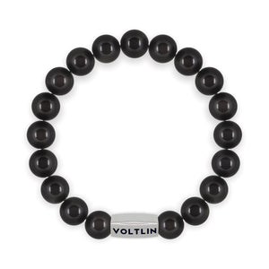Top view of a 10mm Black Obsidian beaded stretch bracelet with silver stainless steel logo bead made by Voltlin