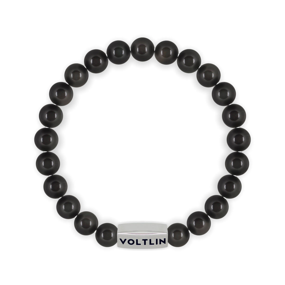 Top view of an 8mm Black Obsidian beaded stretch bracelet with silver stainless steel logo bead made by Voltlin