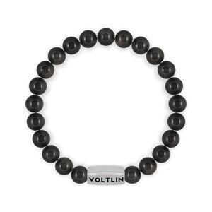 Top view of an 8mm Black Obsidian beaded stretch bracelet with silver stainless steel logo bead made by Voltlin