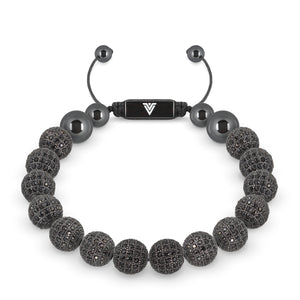 Front view of a 10mm Black Pave crystal beaded shamballa bracelet with black stainless steel logo bead made by Voltlin