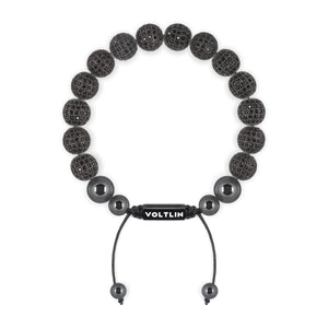 Top view of a 10mm Black Pave crystal beaded shamballa bracelet with black stainless steel logo bead made by Voltlin