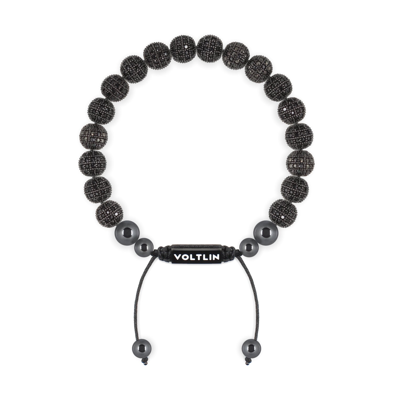 Front view of an 8mm Black Pave crystal beaded shamballa bracelet with black stainless steel logo bead made by Voltlin