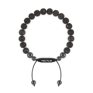 Top view of an 8mm Black Pave crystal beaded shamballa bracelet with black stainless steel logo bead made by Voltlin