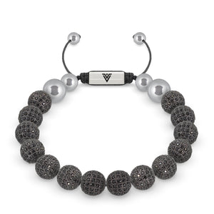 Front view of a 10mm Black Pave beaded shamballa bracelet with silver stainless steel logo bead made by Voltlin