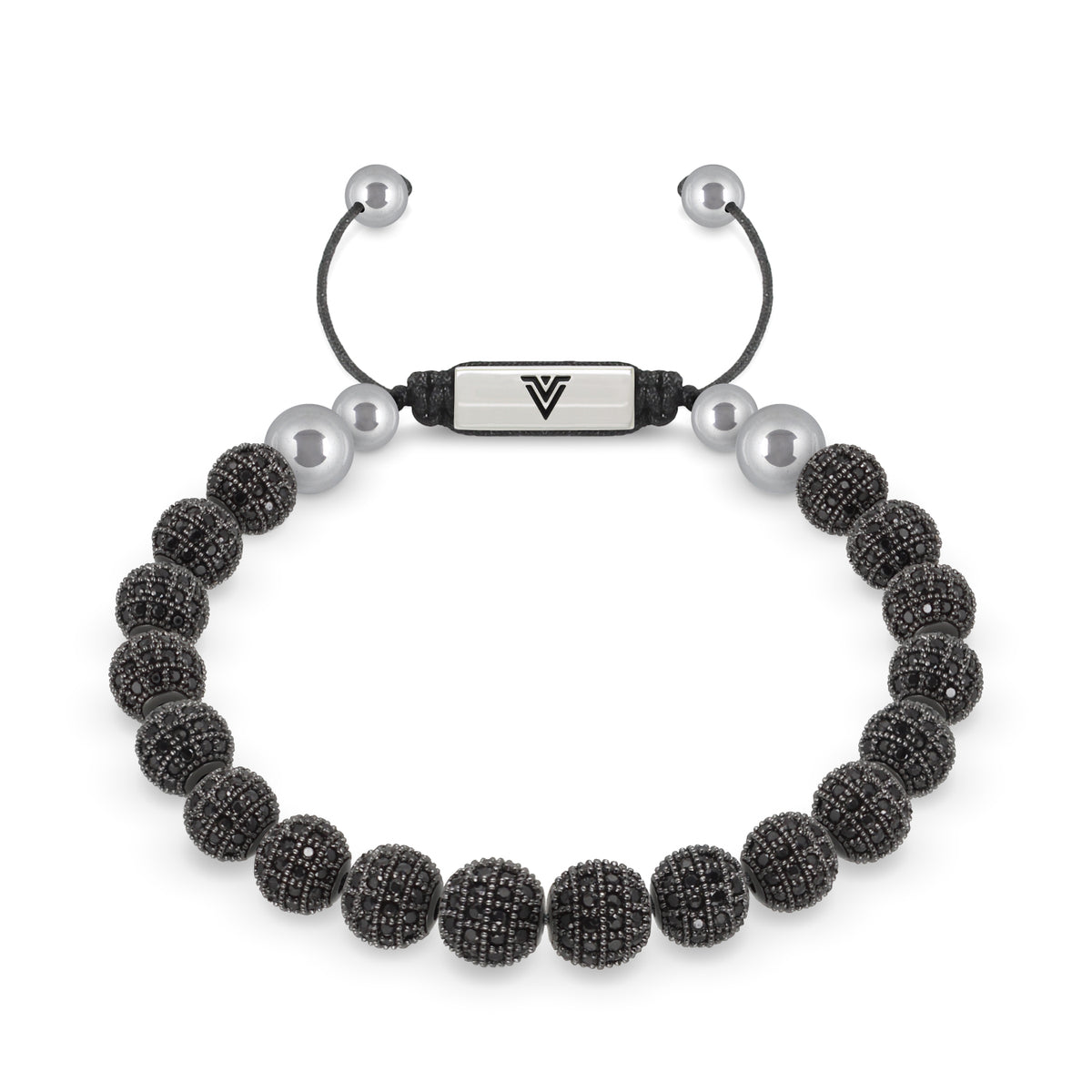 Front view of an 8mm Black Pave beaded shamballa bracelet with silver stainless steel logo bead made by Voltlin