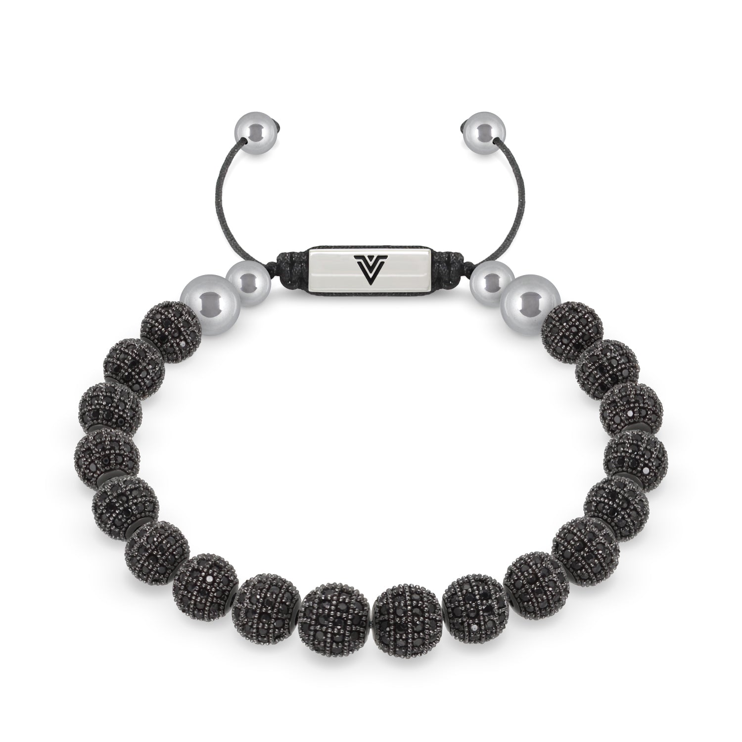 Front view of an 8mm Black Pave beaded shamballa bracelet with silver stainless steel logo bead made by Voltlin