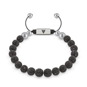 Front view of an 8mm Black Pave beaded shamballa bracelet with silver stainless steel logo bead made by Voltlin