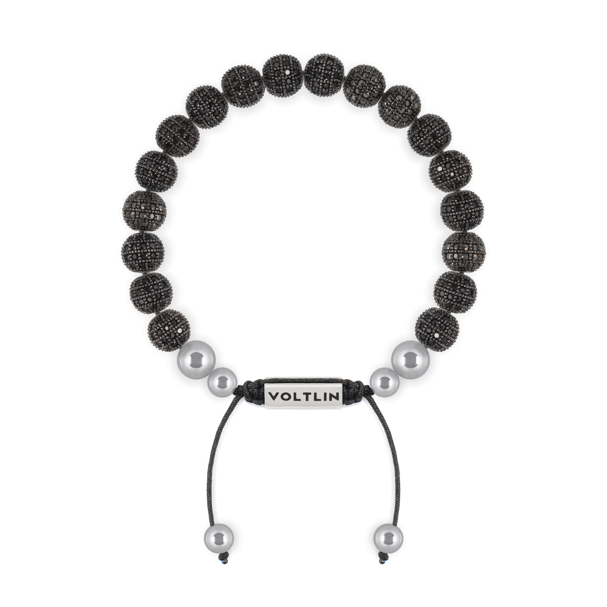 Top view of an 8mm Black Pave beaded shamballa bracelet with silver stainless steel logo bead made by Voltlin