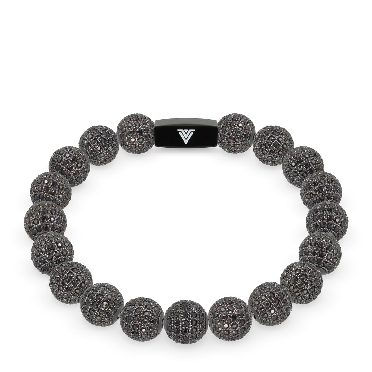 Front view of a 10mm Black Pave crystal beaded stretch bracelet with black stainless steel logo bead made by Voltlin