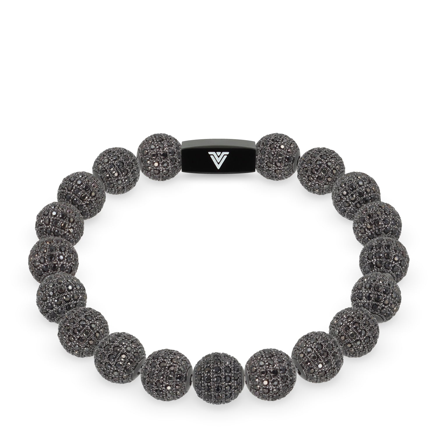 Front view of a 10mm Black Pave crystal beaded stretch bracelet with black stainless steel logo bead made by Voltlin