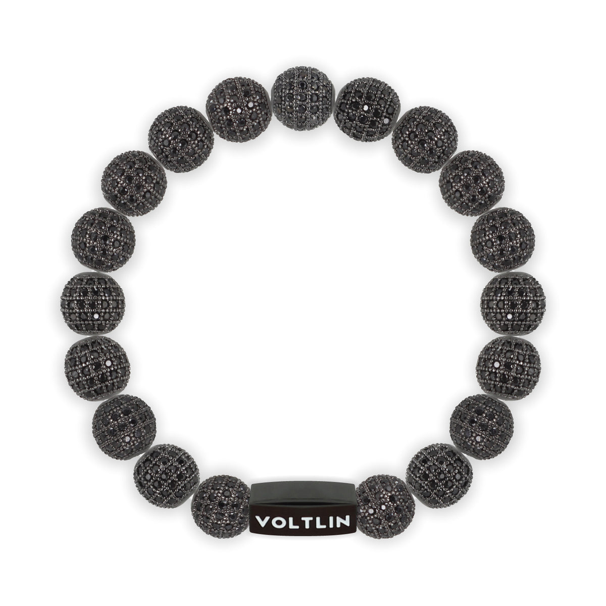 Top view of a 10mm Black Pave crystal beaded stretch bracelet with black stainless steel logo bead made by Voltlin