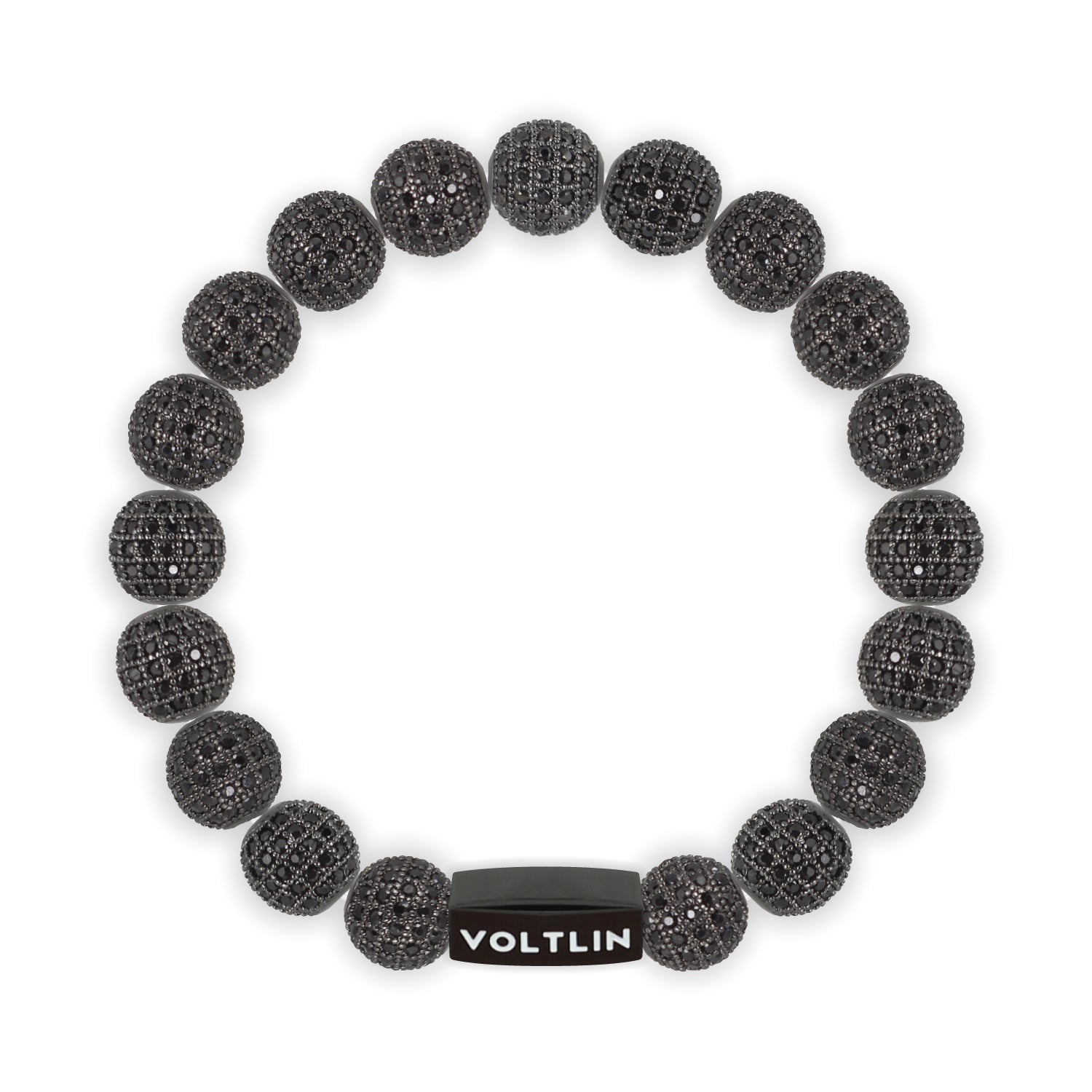 Top view of a 10mm Black Pave crystal beaded stretch bracelet with black stainless steel logo bead made by Voltlin