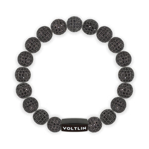 Top view of a 10mm Black Pave crystal beaded stretch bracelet with black stainless steel logo bead made by Voltlin