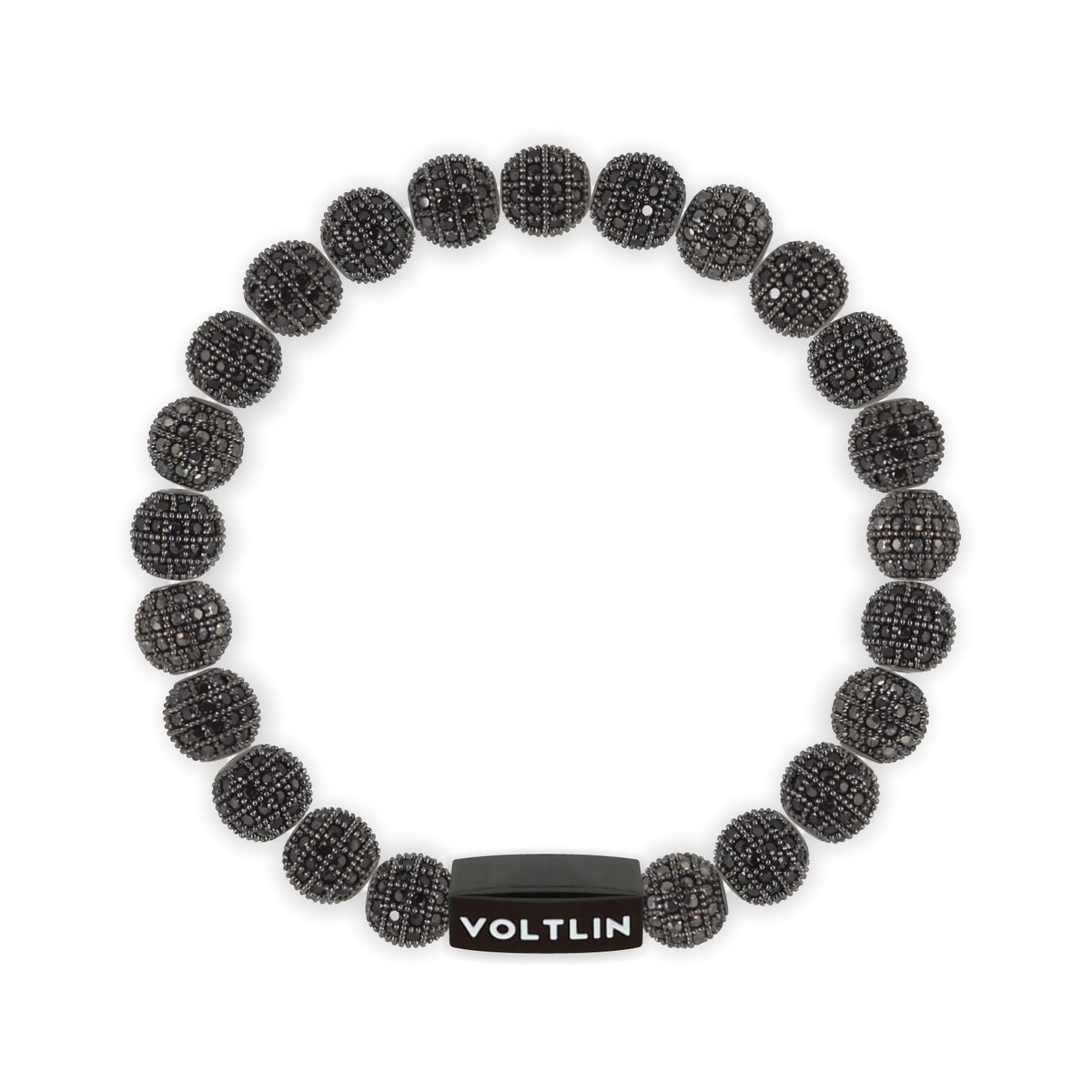 Top view of an 8mm Black Pave crystal beaded stretch bracelet with black stainless steel logo bead made by Voltlin