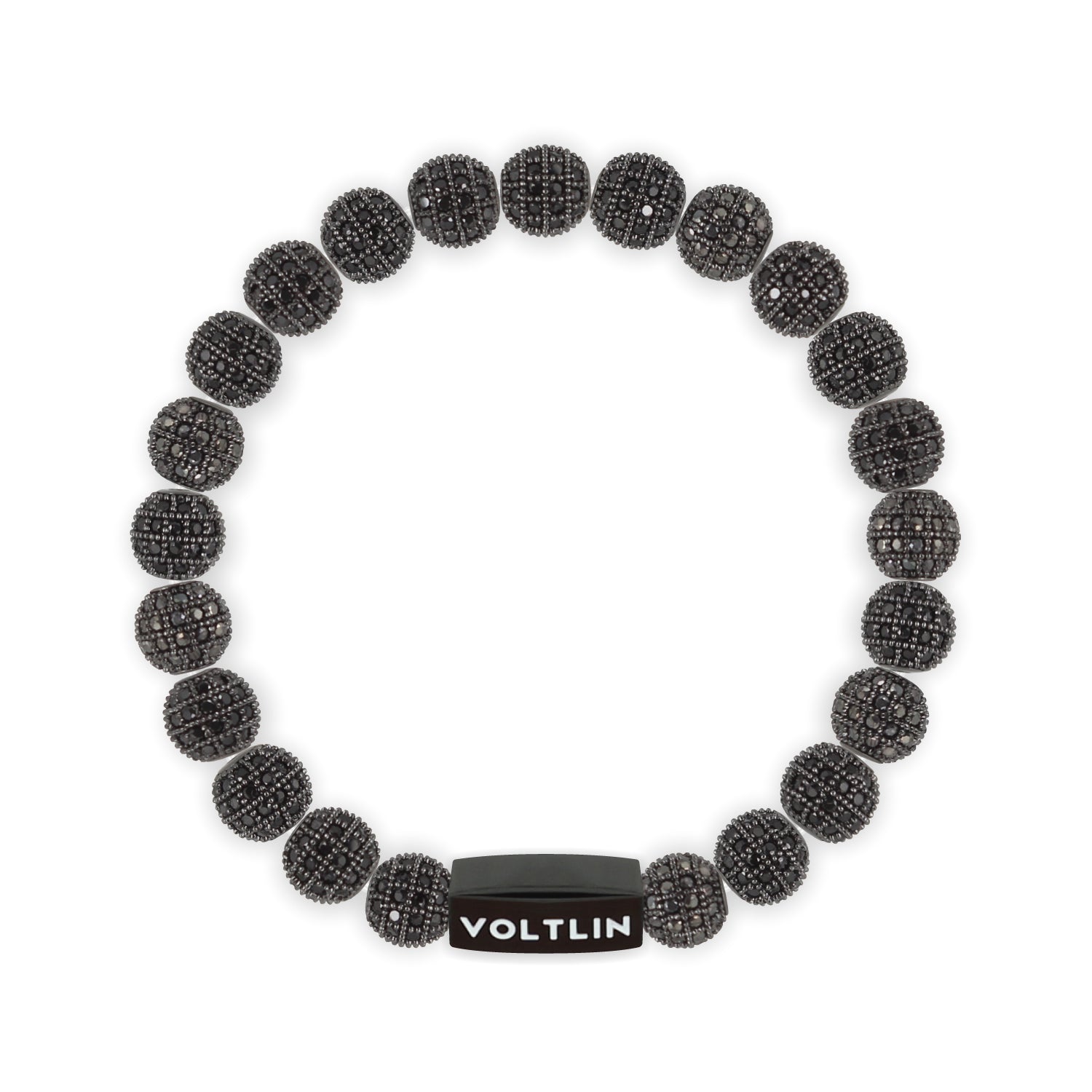 Front view of an 8mm Black Pave crystal beaded stretch bracelet with black stainless steel logo bead made by Voltlin