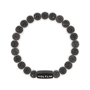 Top view of an 8mm Black Pave crystal beaded stretch bracelet with black stainless steel logo bead made by Voltlin