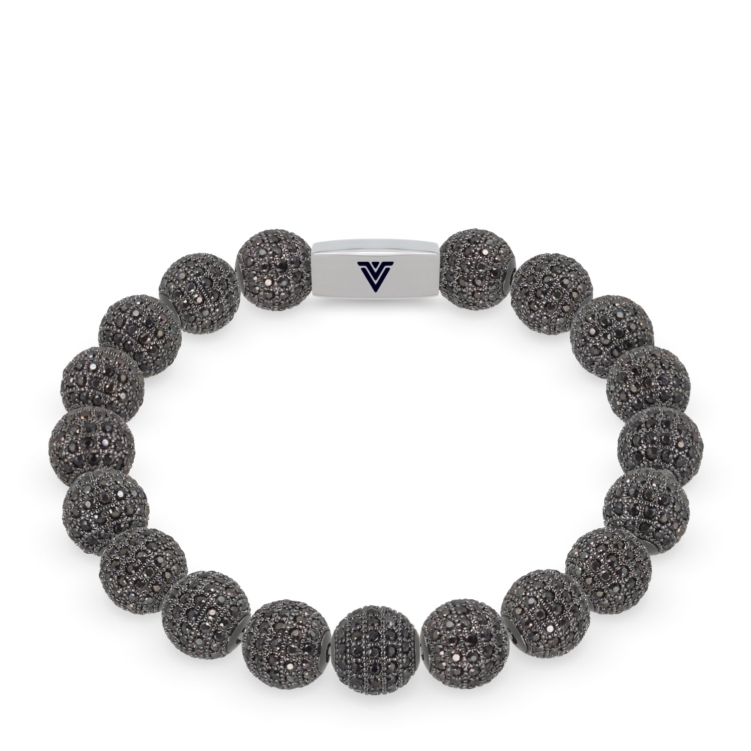 Front view of a 10mm Black Pave beaded stretch bracelet with silver stainless steel logo bead made by Voltlin