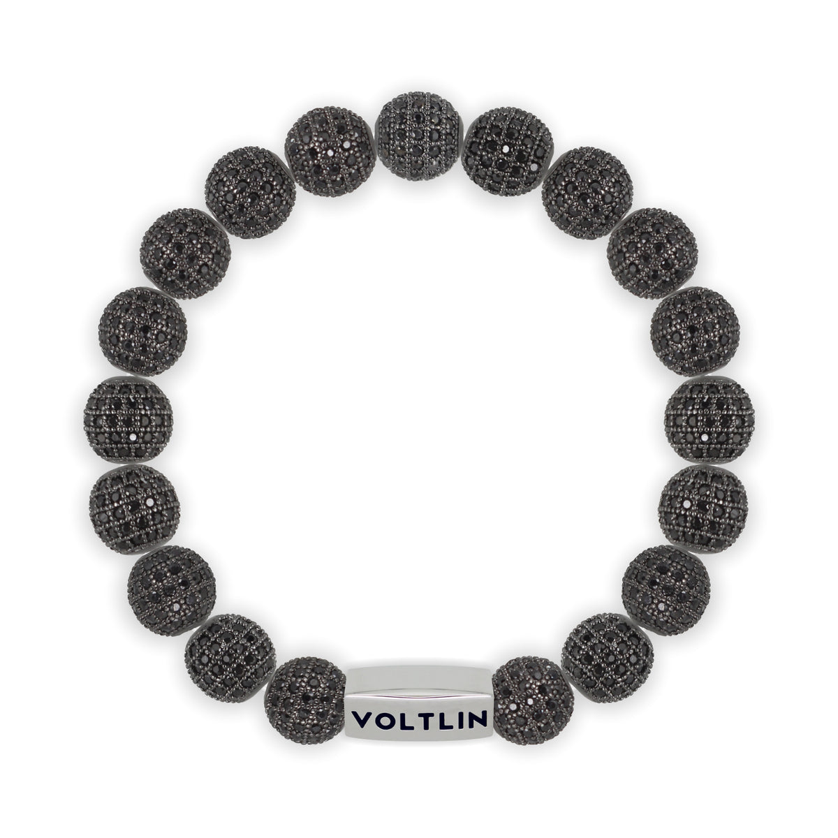 Top view of a 10mm Black Pave beaded stretch bracelet with silver stainless steel logo bead made by Voltlin