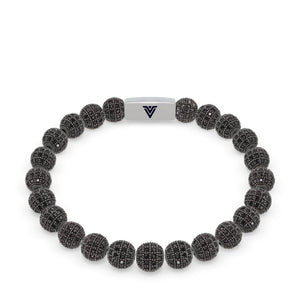 Front view of an 8mm Black Pave beaded stretch bracelet with silver stainless steel logo bead made by Voltlin