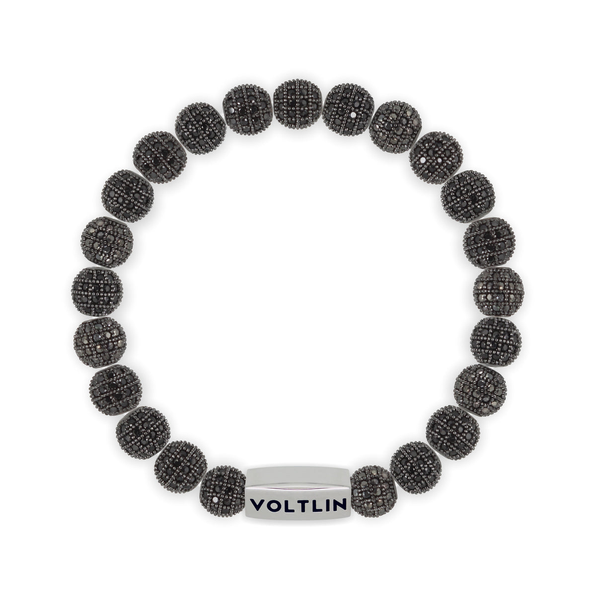 Top view of an 8mm Black Pave beaded stretch bracelet with silver stainless steel logo bead made by Voltlin