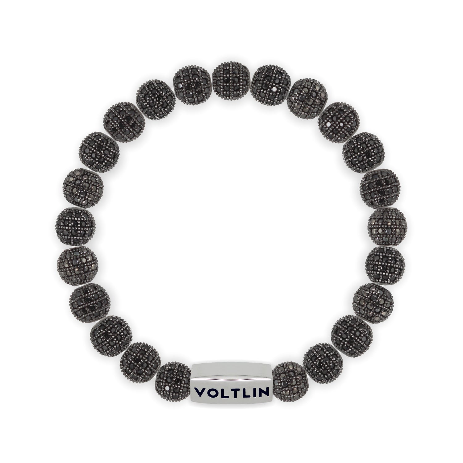 Top view of an 8mm Black Pave beaded stretch bracelet with silver stainless steel logo bead made by Voltlin