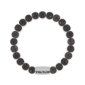 Top view of an 8mm Black Pave beaded stretch bracelet with silver stainless steel logo bead made by Voltlin