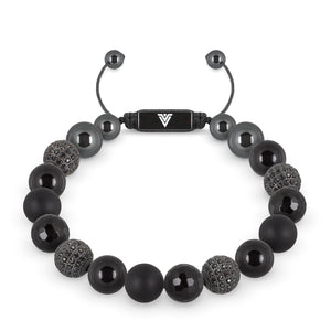Front view of a 10mm Black Sirius crystal beaded shamballa bracelet with black stainless steel logo bead made by Voltlin