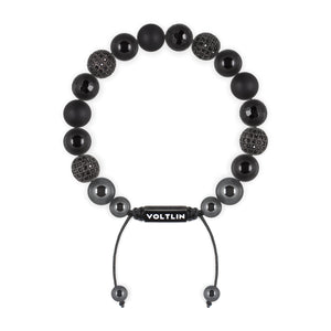 Top view of a 10mm Black Sirius crystal beaded shamballa bracelet with black stainless steel logo bead made by Voltlin