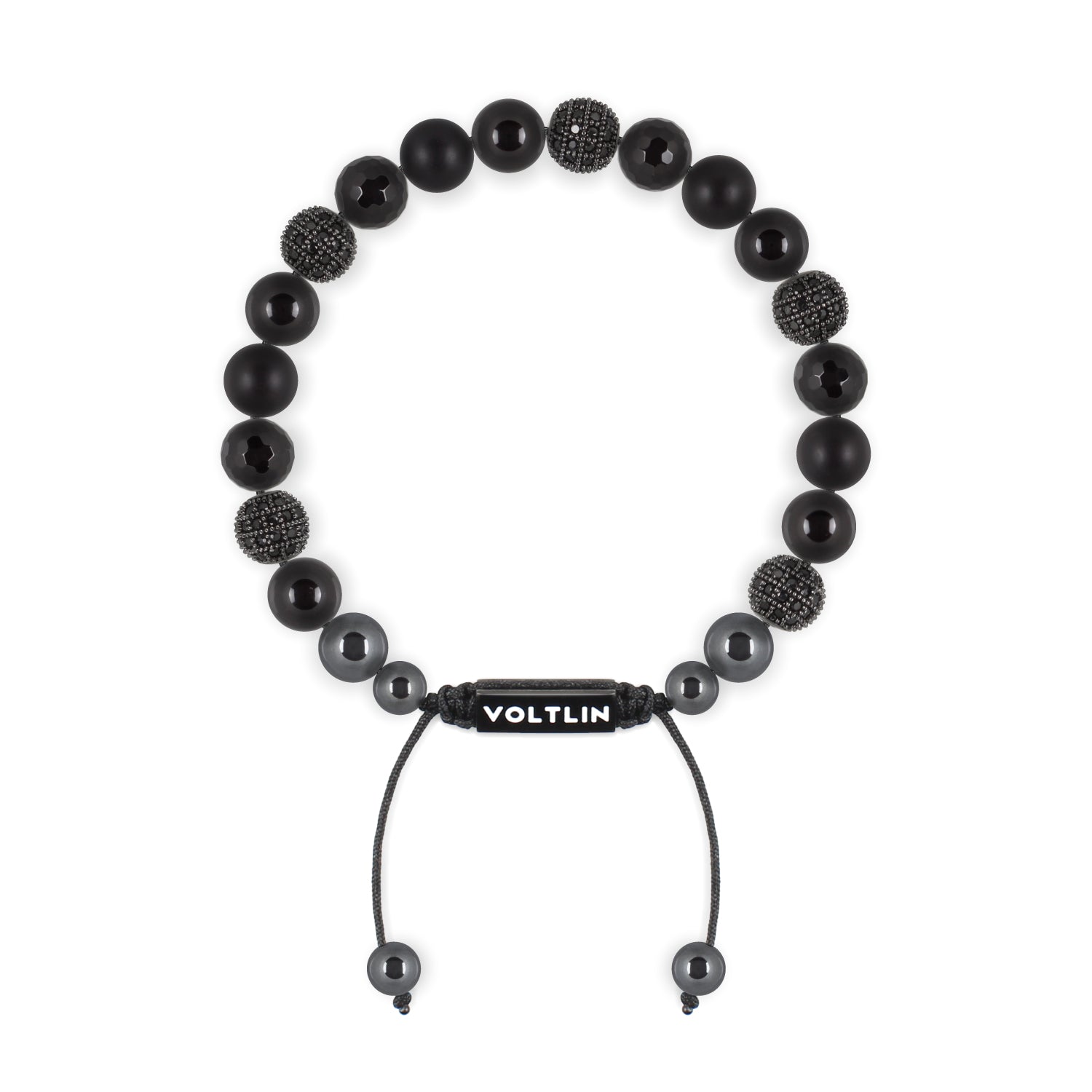 Front view of an 8mm Black Sirius crystal beaded shamballa bracelet with black stainless steel logo bead made by Voltlin