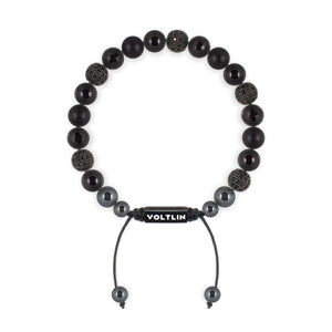 Top view of an 8mm Black Sirius crystal beaded shamballa bracelet with black stainless steel logo bead made by Voltlin