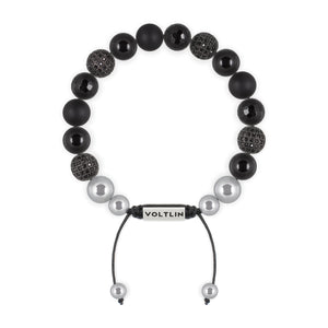 Top view of a 10mm Black Sirius beaded shamballa bracelet featuring Smooth Onyx, Black Pave, Faceted Onyx, & Matte Onyx crystal and silver stainless steel logo bead made by Voltlin