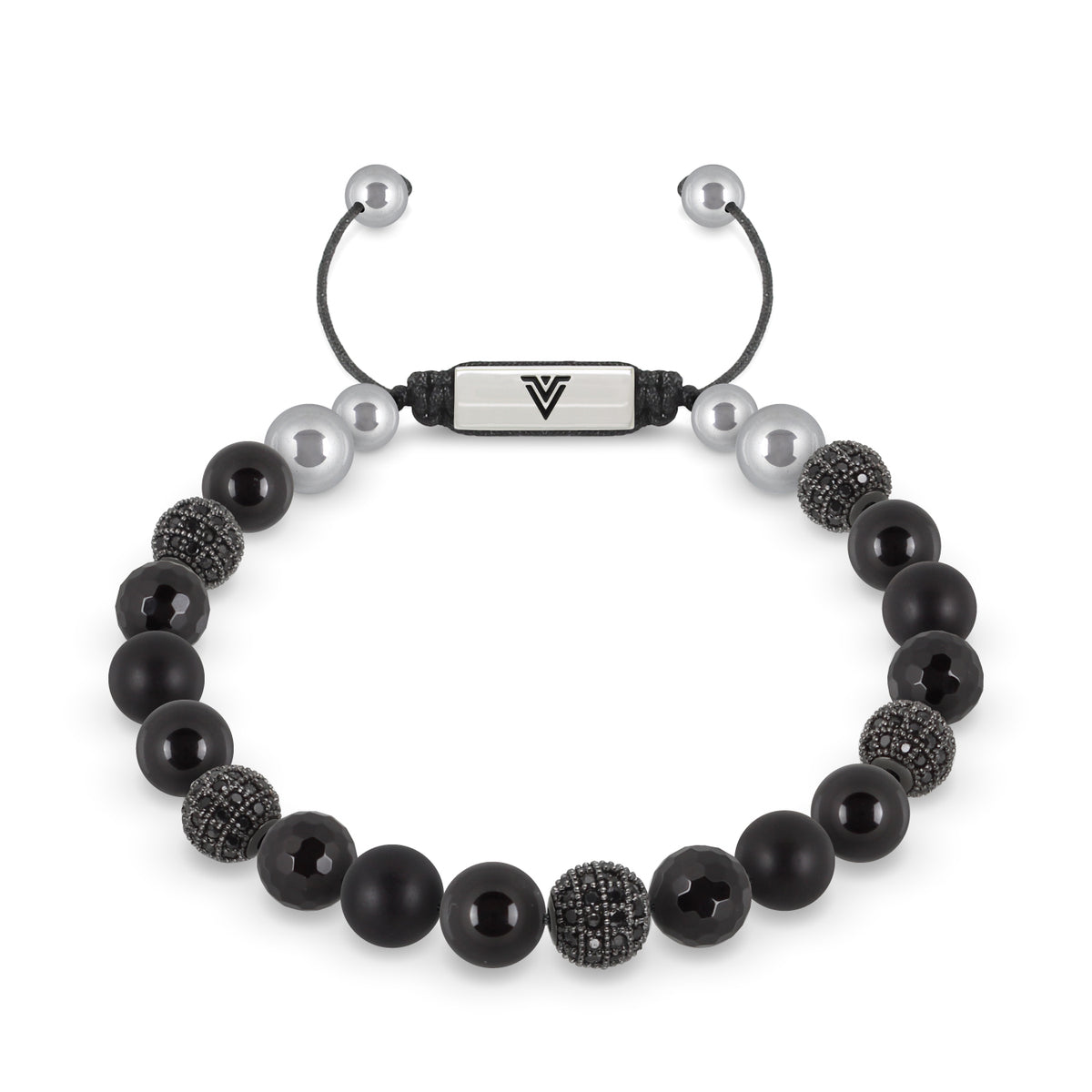 Front view of an 8mm Black Sirius beaded shamballa bracelet featuring Smooth Onyx, Black Pave, Faceted Onyx, & Matte Onyx crystal and silver stainless steel logo bead made by Voltlin