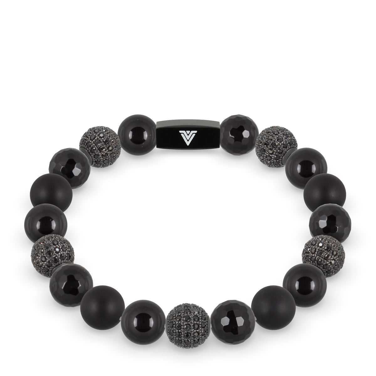 Front view of a 10mm Black Sirius crystal beaded stretch bracelet with black stainless steel logo bead made by Voltlin