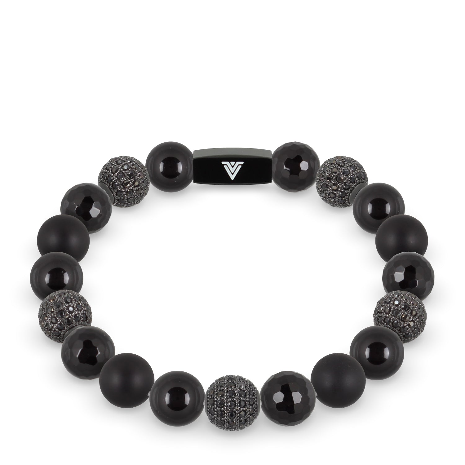 Front view of a 10mm Black Sirius crystal beaded stretch bracelet with black stainless steel logo bead made by Voltlin