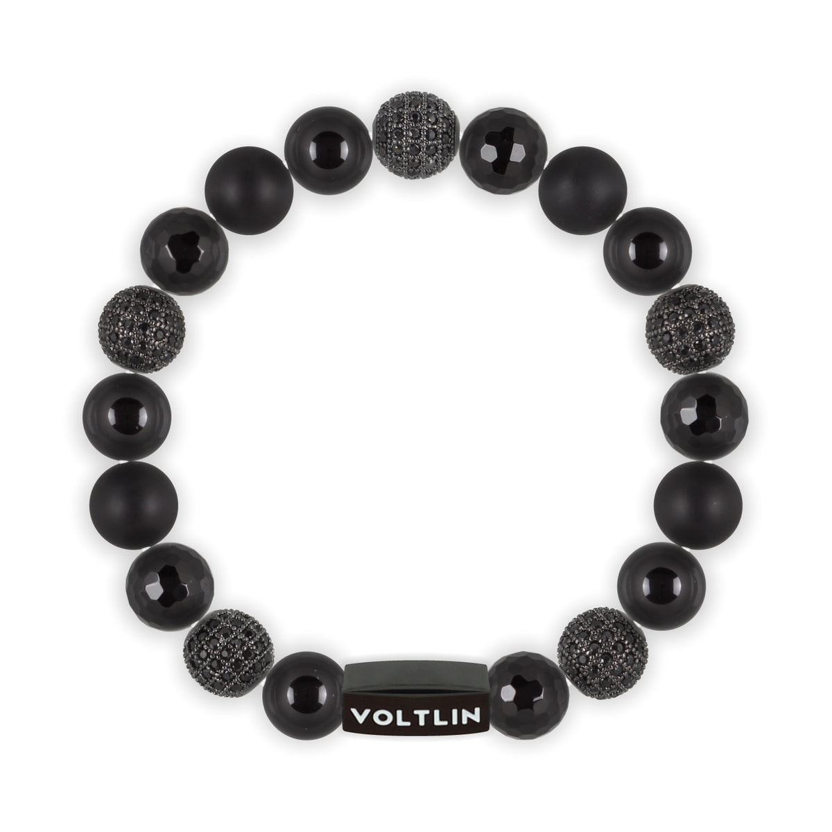Top view of a 10mm Black Sirius crystal beaded stretch bracelet with black stainless steel logo bead made by Voltlin