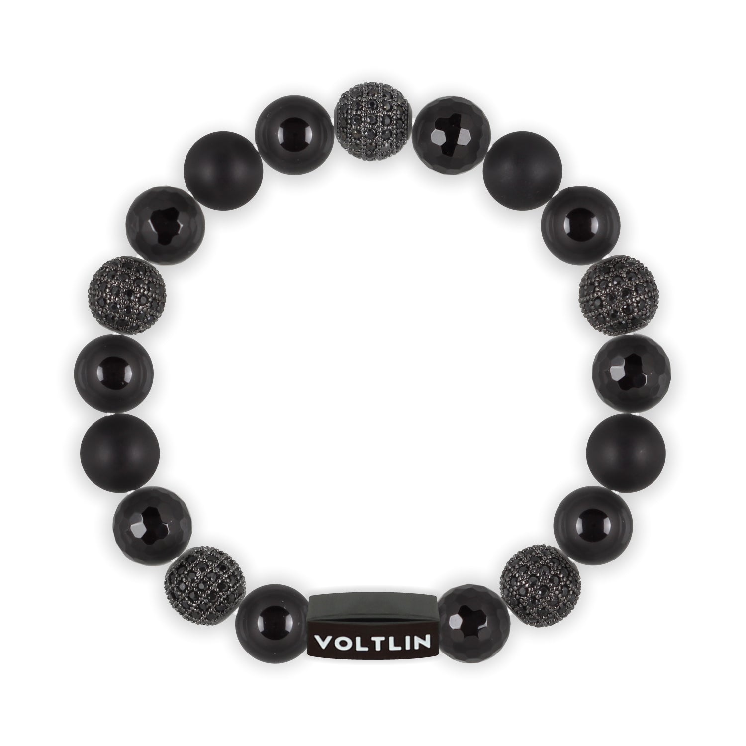 Top view of a 10mm Black Sirius crystal beaded stretch bracelet with black stainless steel logo bead made by Voltlin